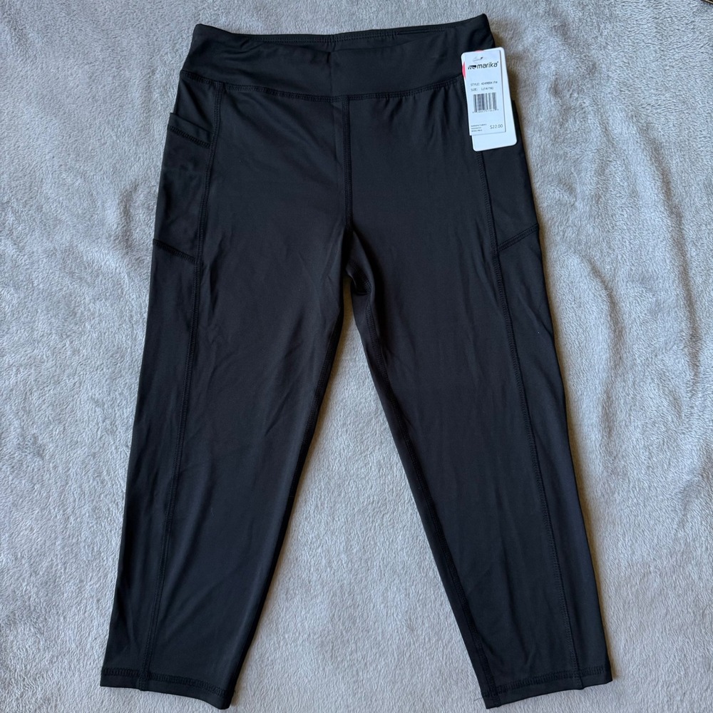 New Marika Women Black Cropped Leggings Phone Pocket Activewear 42498BK-FM L
